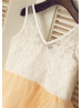 Ivory Lace Champagne Tulle V Neck Tea Length Flower Girl Dress